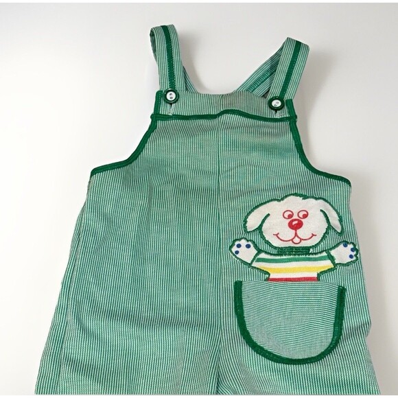 Carters Vintage Bib Overalls 18 Mo Green Stripe Dog Appliqué 70s Embroidered - Picture 2 of 5